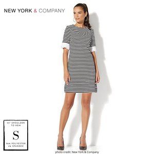 NY&Co Black White Striped Sheath Dress Pleated Sleeve S